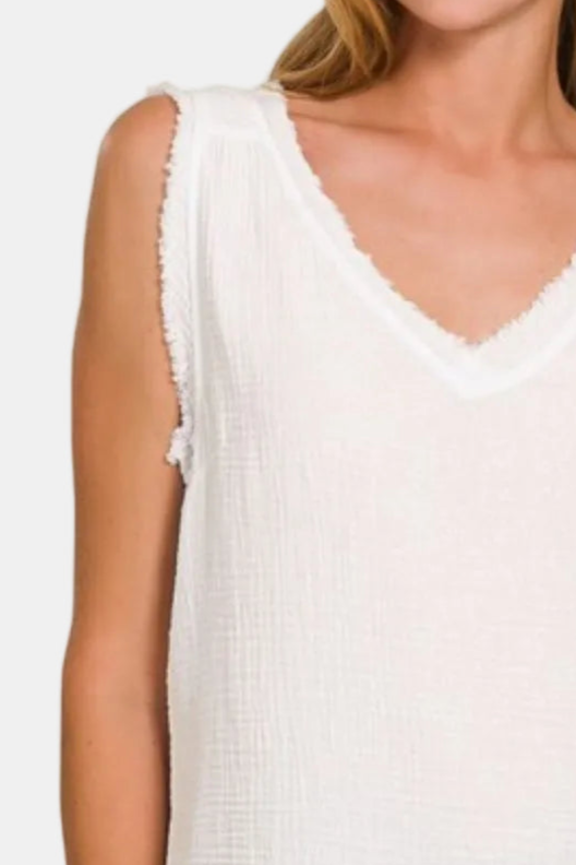 Double Gauze Raw Edge V-Neck Tank Top / WHITE