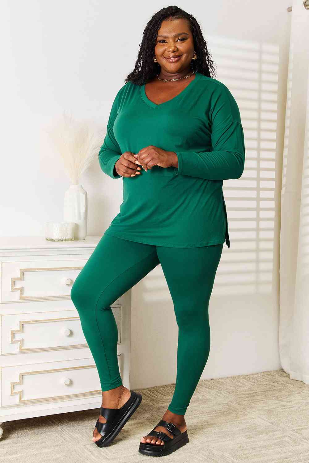 Brushed DTY Microfiber Loungewear Set (V-Neck Long Sleeve) / DK GREEN