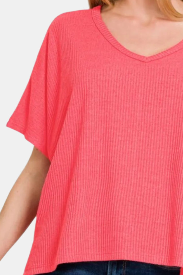 Ribbed V-Neck Short-Sleeve Sweater / CORAL