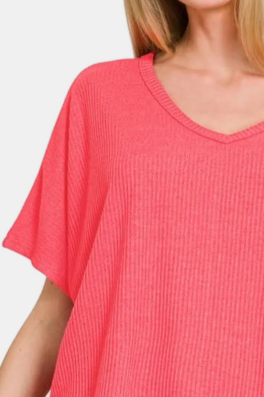 Ribbed V-Neck Short-Sleeve Sweater / CORAL