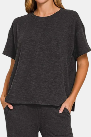 Slub Short Sleeve Top & Pants Set / BLACK