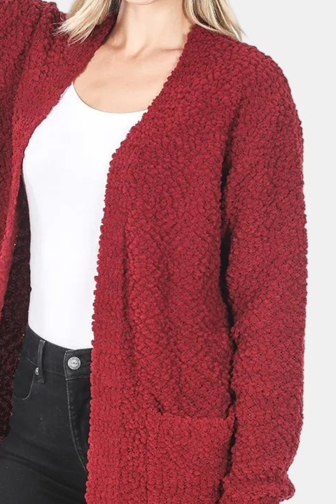 Long Sleeve Popcorn Sweater Cardigan with Pockets / CABERNET