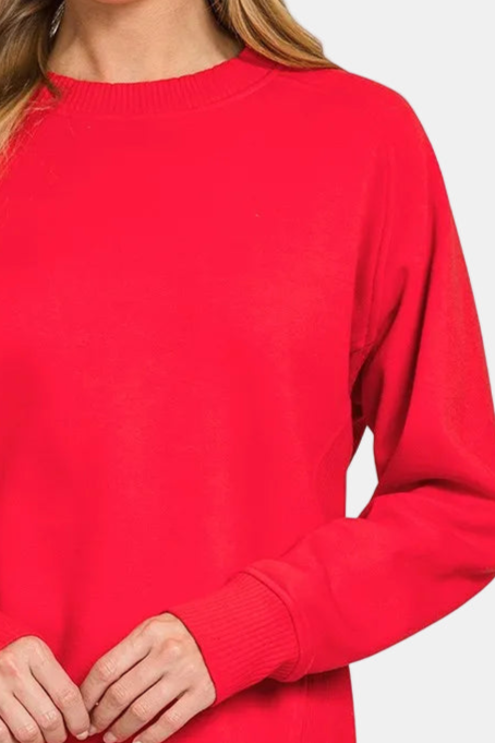 Fleece Round Neck Ribbed Side Raglan Sweatshirt / RUBY