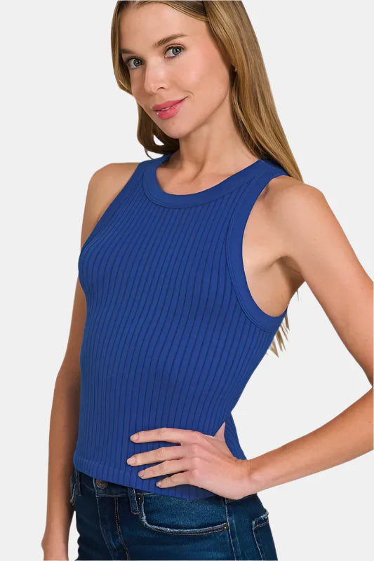 Seamless Ribbed Crop Tank Top / LT NAVY