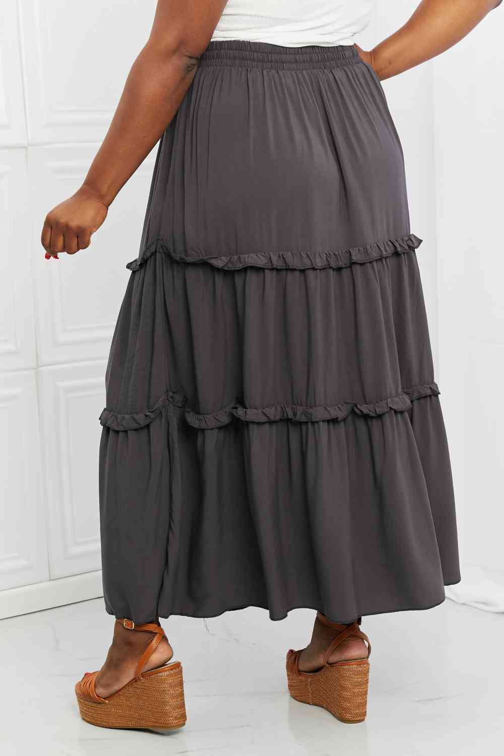 Woven Drawstring Waist Tiered Ruffle Maxi Skirt