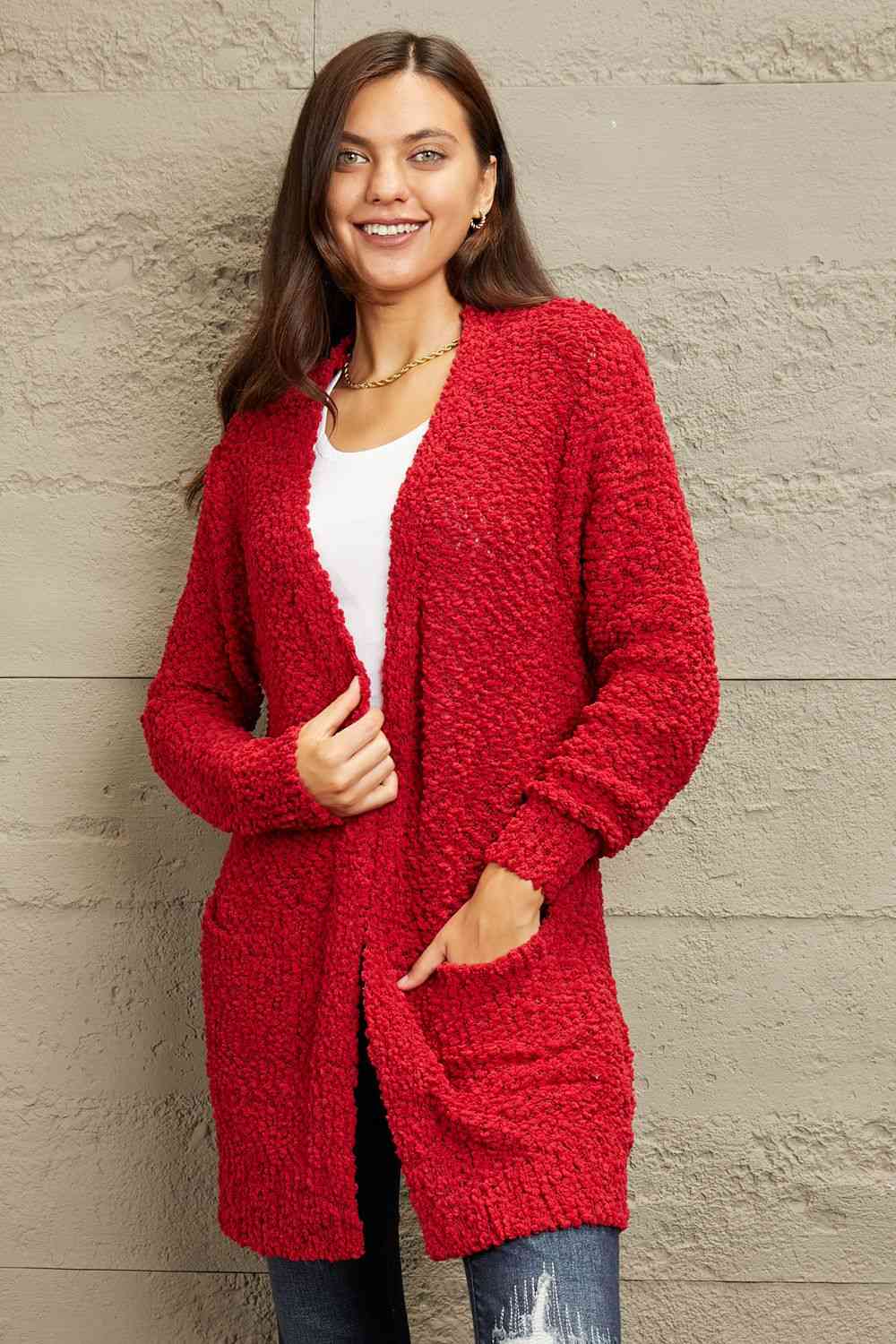 Long Sleeve Popcorn Sweater Cardigan With Pockets