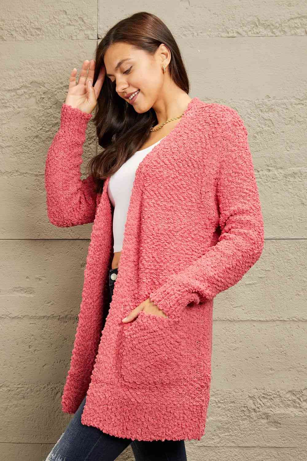 Long Sleeve Popcorn Sweater Cardigan With Pockets
