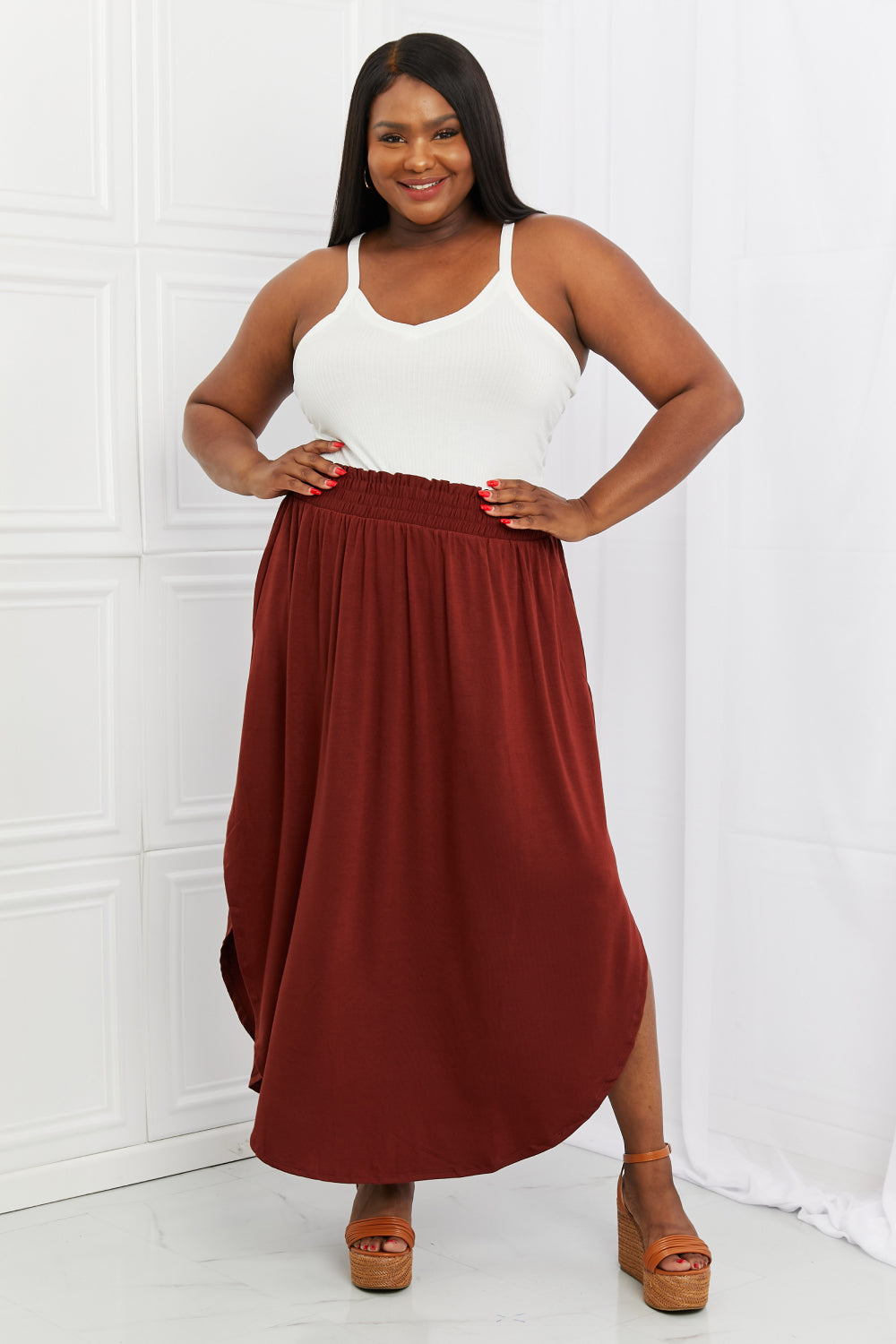 Smocked Waist Side Slit Maxi Skirt With Pockets