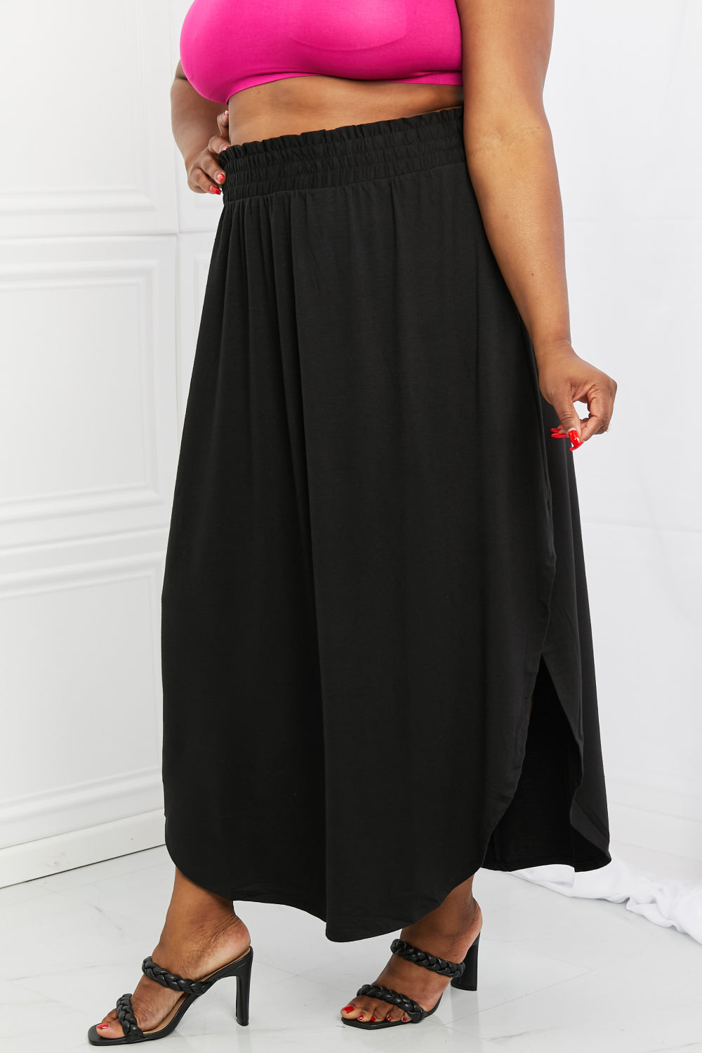Smocked Waist Side Slit Maxi Skirt With Pockets