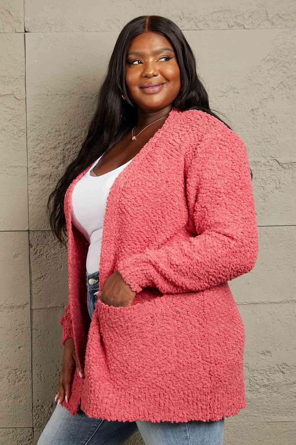 Long Sleeve Popcorn Sweater Cardigan With Pockets