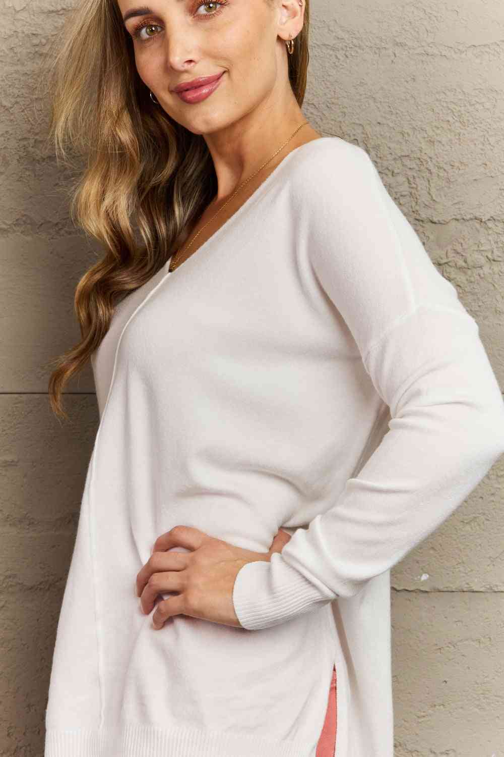 Hi-Low Hem V-Neck Center Seam Sweater