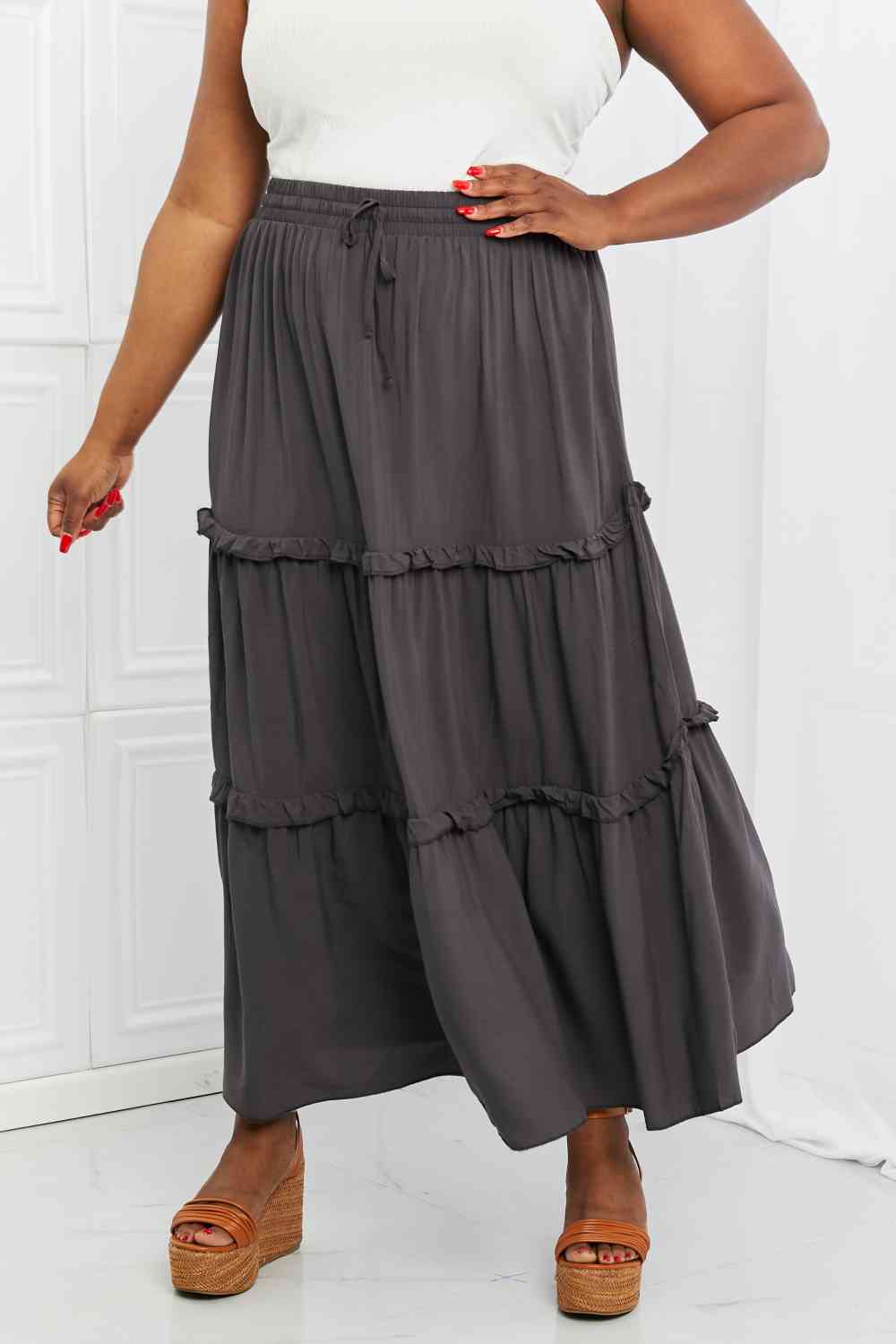 Woven Drawstring Waist Tiered Ruffle Maxi Skirt