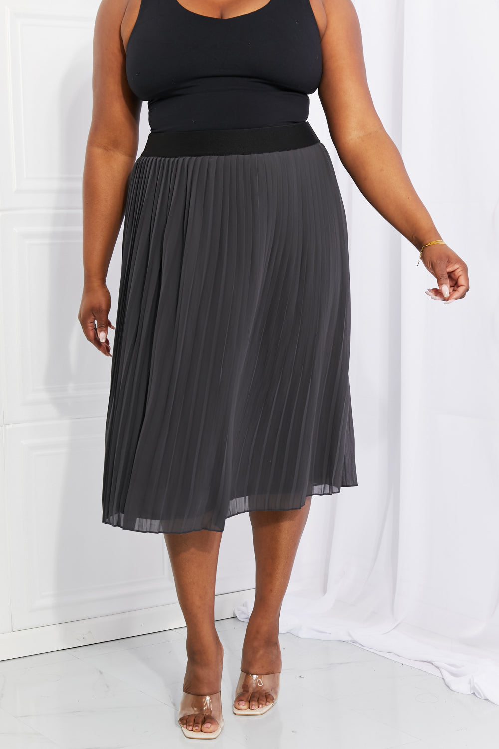 Woven Chiffon High Waist Pleated Midi Skirt