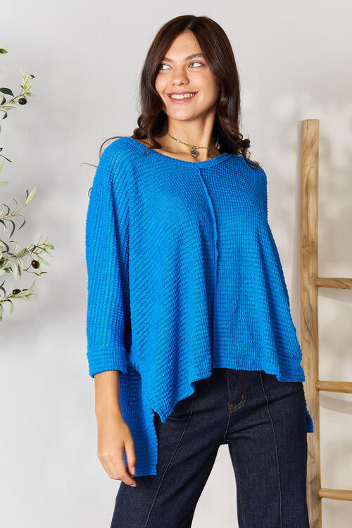 3/4 Sleeve V-Neck Hi-Low Hem Jacquard Sweater