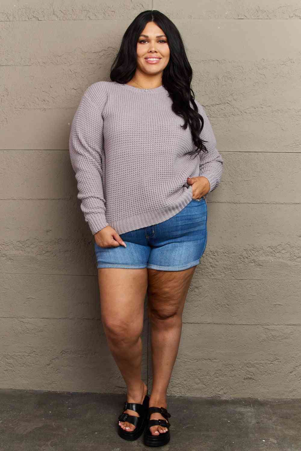 Plus Hi-Low Long Sleeve Round Neck Waffle Sweater