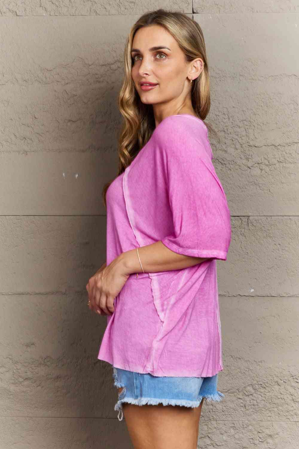 Washed Dolman Sleeve Boat Neck Top w/ Hi-Low Hem
