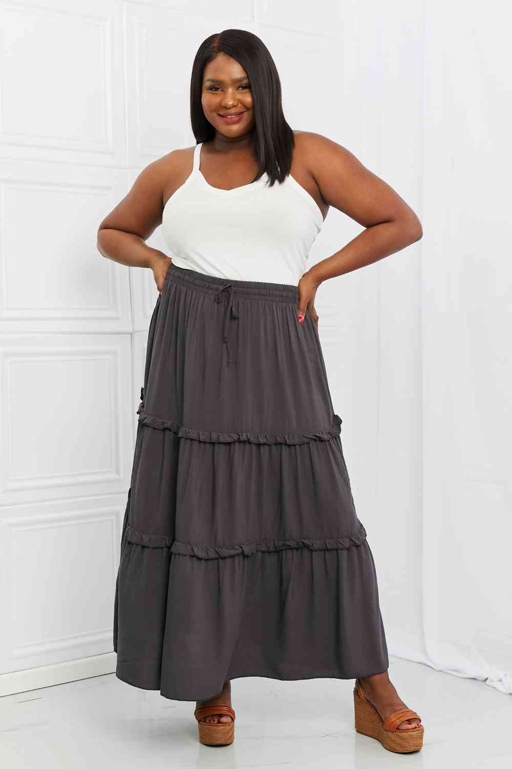 Woven Drawstring Waist Tiered Ruffle Maxi Skirt