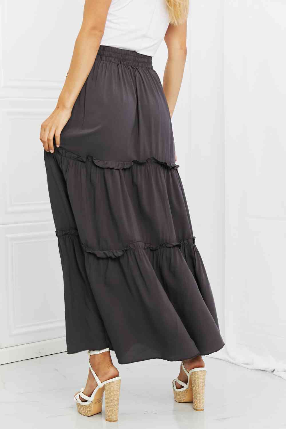 Woven Drawstring Waist Tiered Ruffle Maxi Skirt
