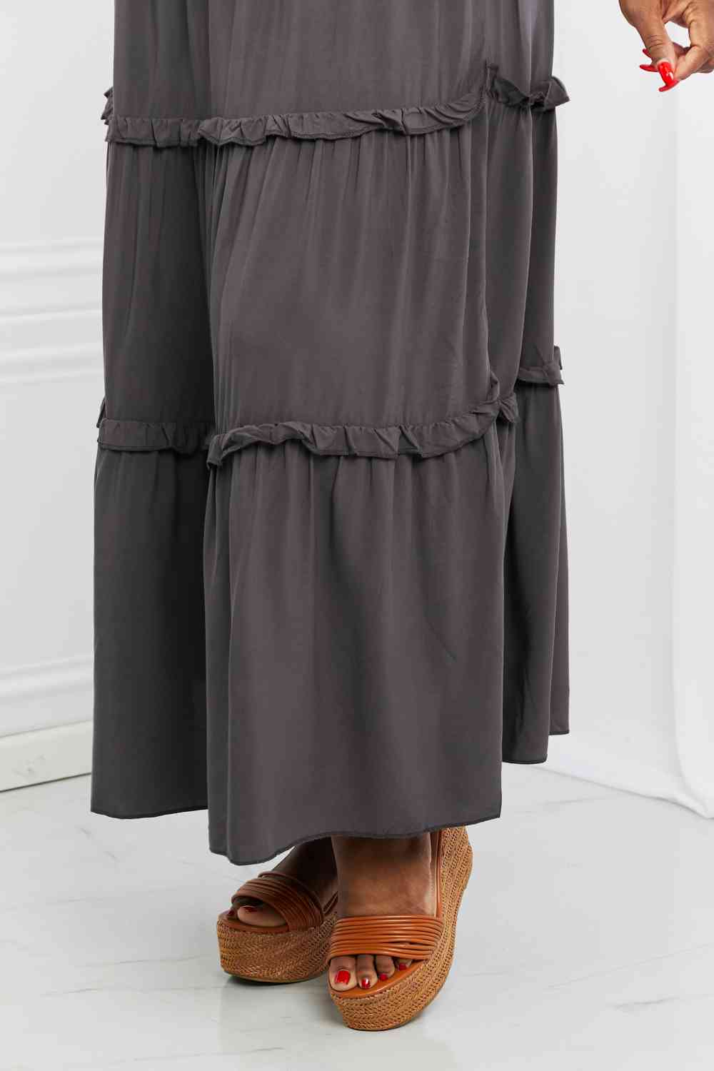Woven Drawstring Waist Tiered Ruffle Maxi Skirt