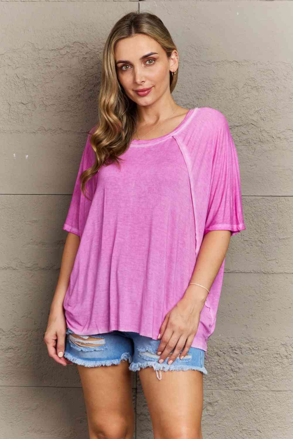 Washed Dolman Sleeve Boat Neck Top w/ Hi-Low Hem