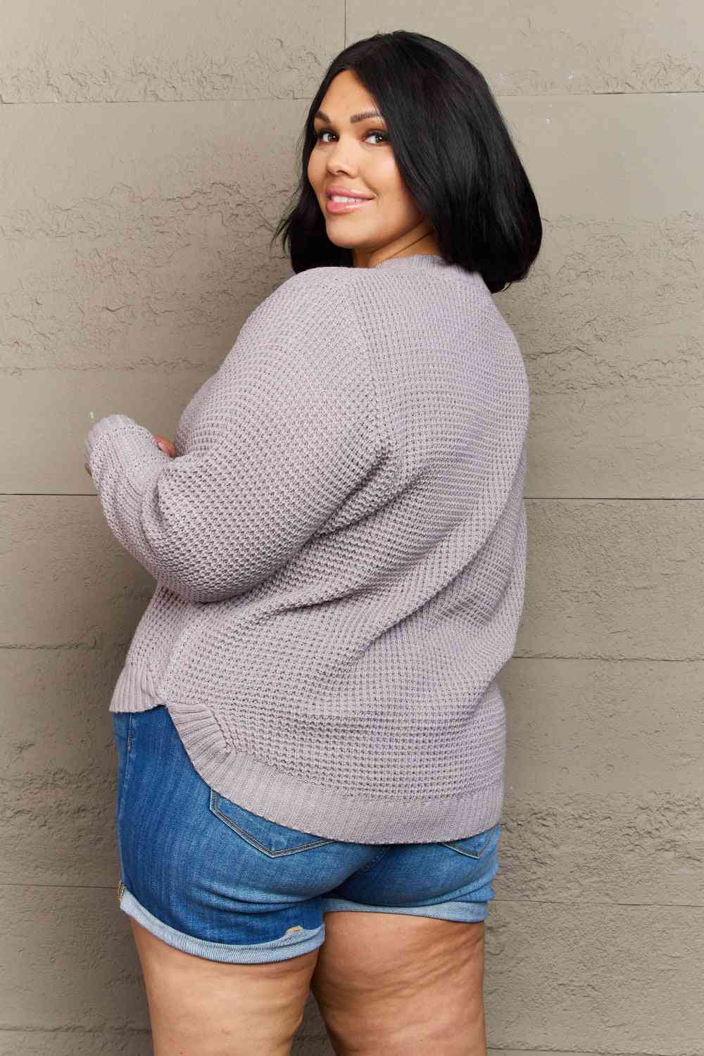 Plus Hi-Low Long Sleeve Round Neck Waffle Sweater
