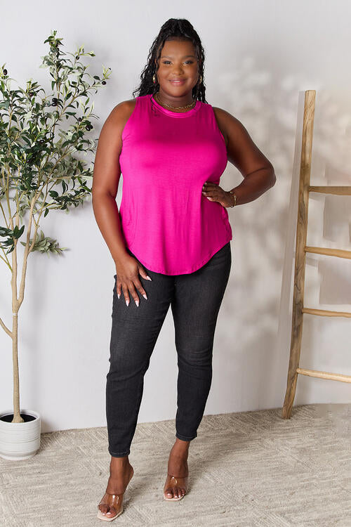Luxe Rayon Sleeveless Round Neck Hi-Low Hem Top