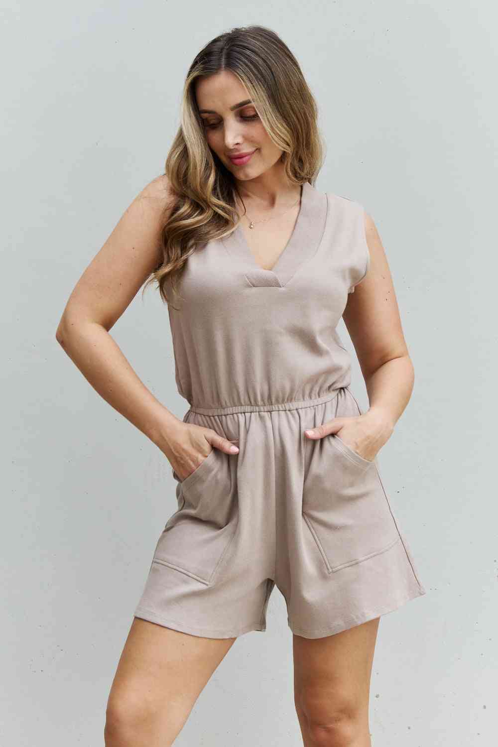 Cotton Sleeveless Romper With Pockets