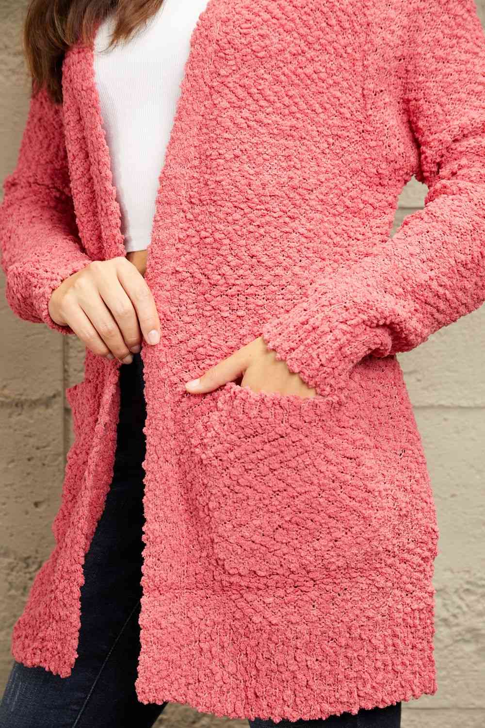 Long Sleeve Popcorn Sweater Cardigan With Pockets