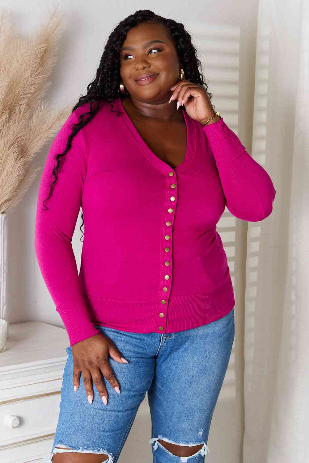 Snap Button Sweater Cardigan With Ribbed Detail
