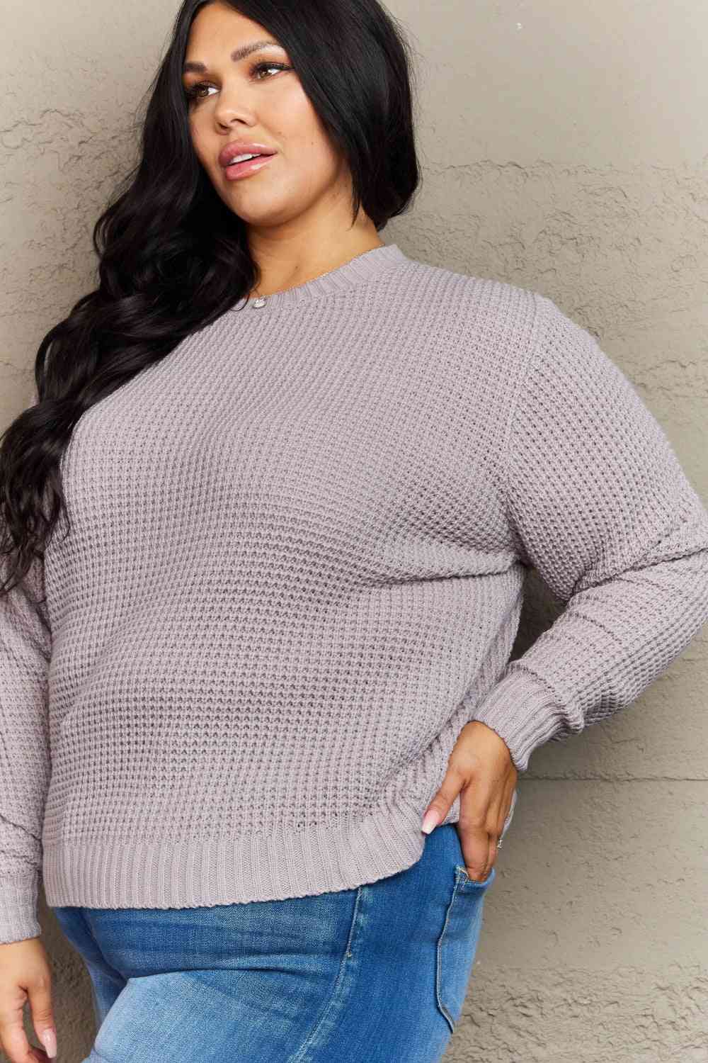 Plus Hi-Low Long Sleeve Round Neck Waffle Sweater