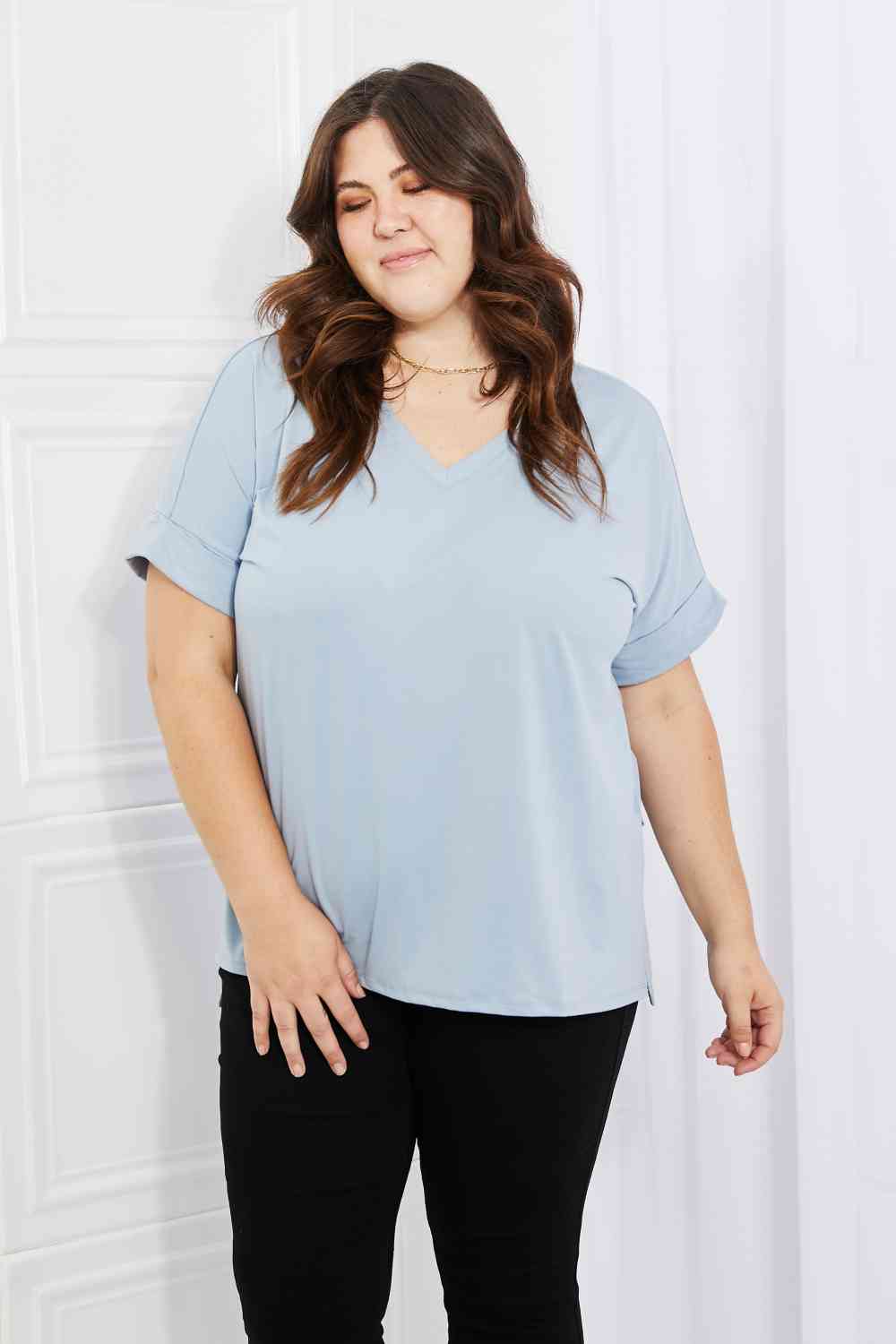 Rolled Short Sleeve Side Slit Hi-Low Hem Top