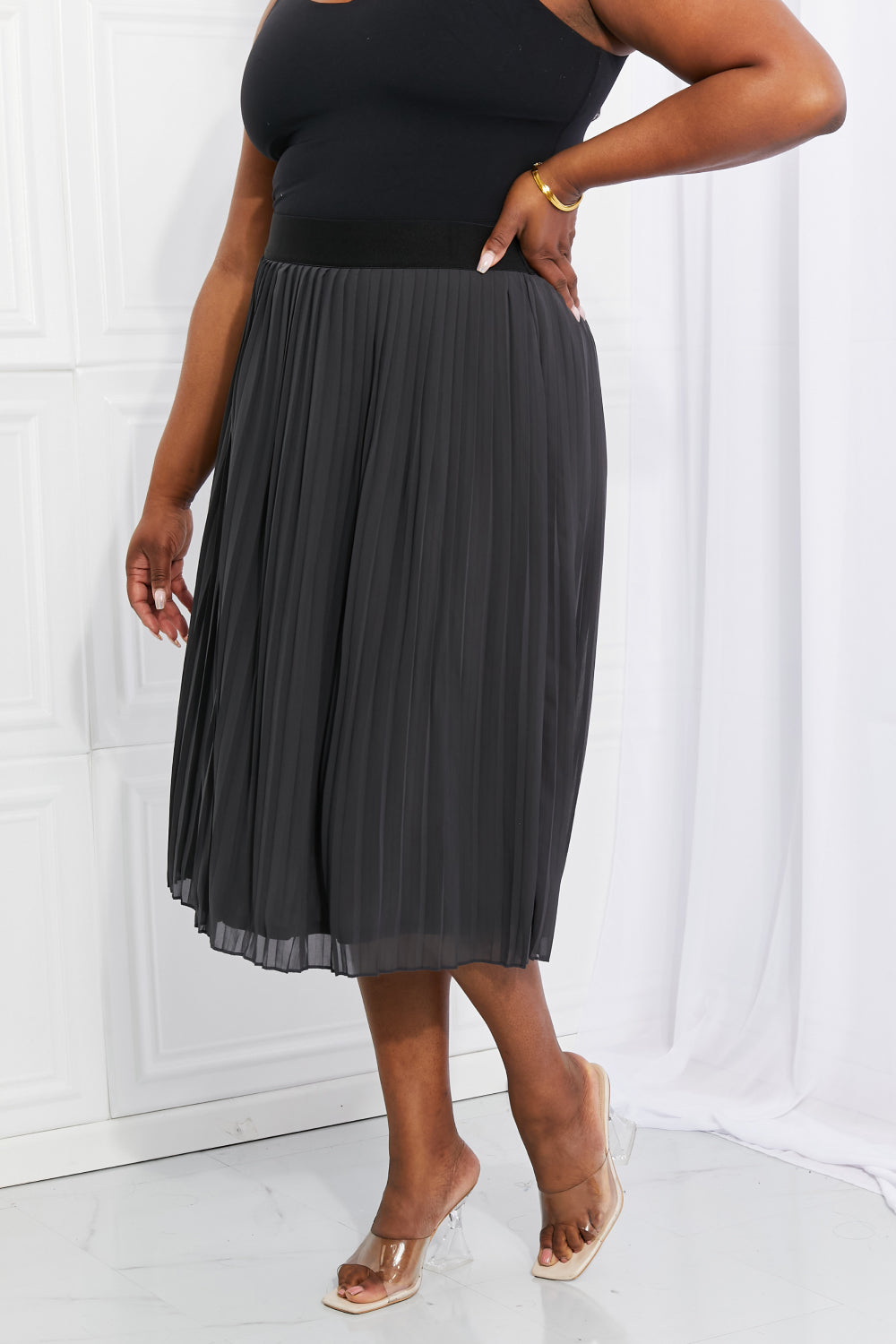 Woven Chiffon High Waist Pleated Midi Skirt