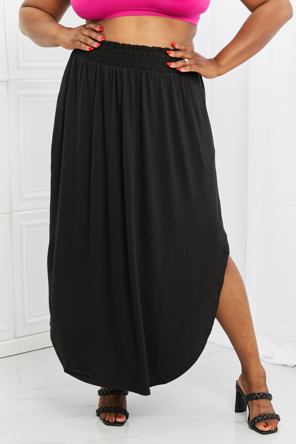 Smocked Waist Side Slit Maxi Skirt With Pockets