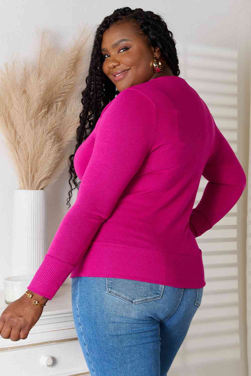 Snap Button Sweater Cardigan With Ribbed Detail