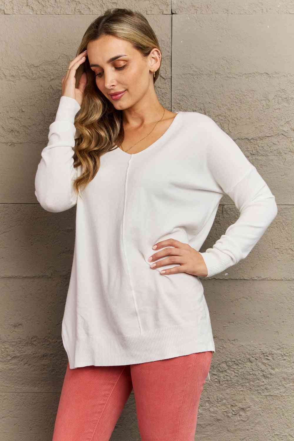 Hi-Low Hem V-Neck Center Seam Sweater