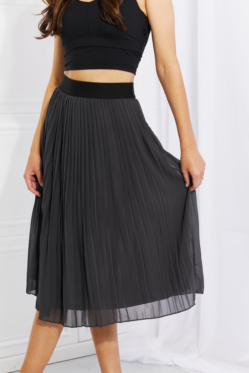 Woven Chiffon High Waist Pleated Midi Skirt