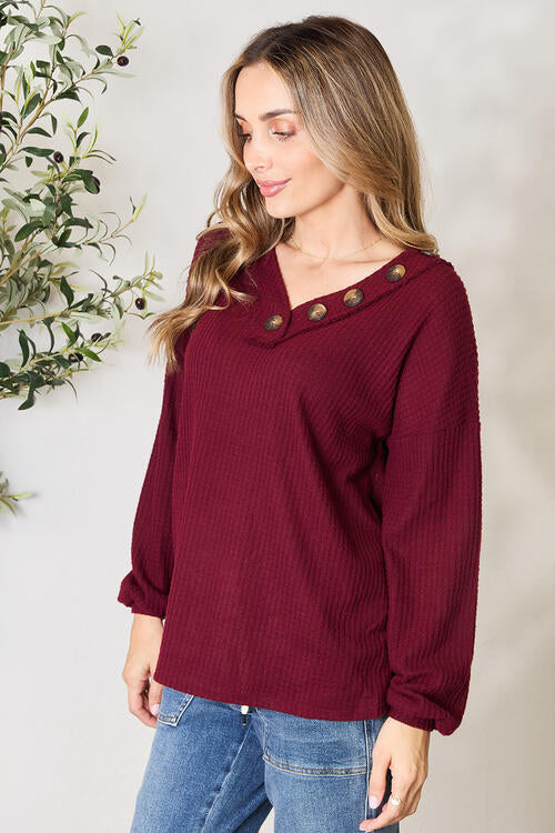 Brushed Waffle V-Neck Button Detail Sweater