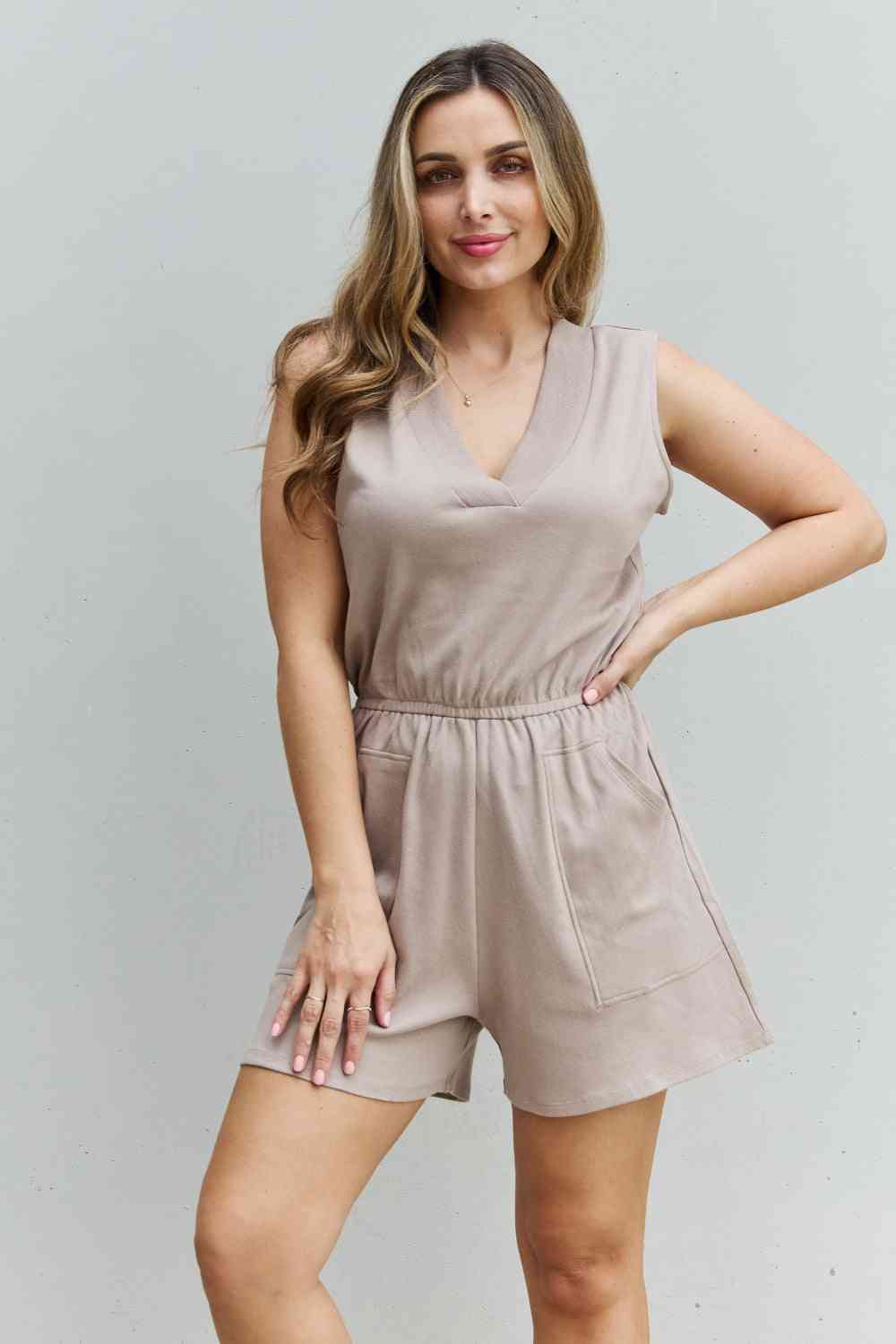 Cotton Sleeveless Romper With Pockets