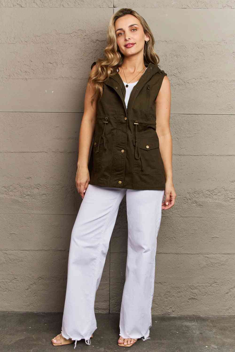 Drawstring Waist Military Hoodie Vest