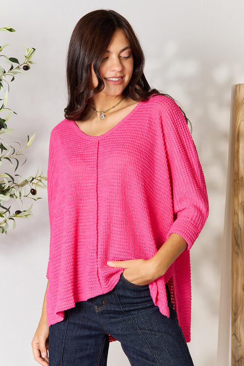 3/4 Sleeve V-Neck Hi-Low Hem Jacquard Sweater