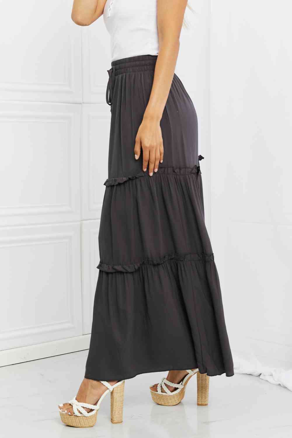 Woven Drawstring Waist Tiered Ruffle Maxi Skirt
