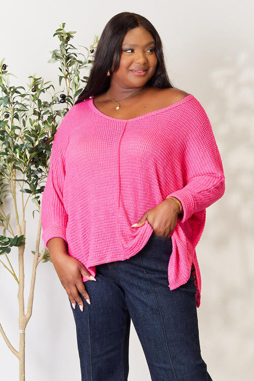 3/4 Sleeve V-Neck Hi-Low Hem Jacquard Sweater