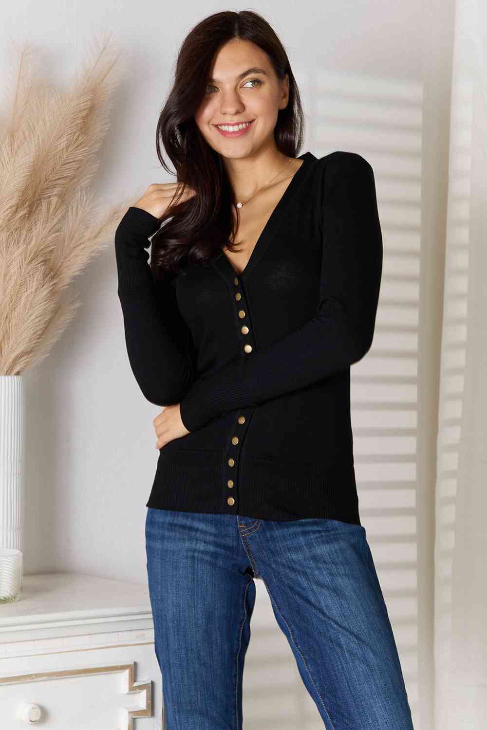 Snap Button Sweater Cardigan With Ribbed Detail