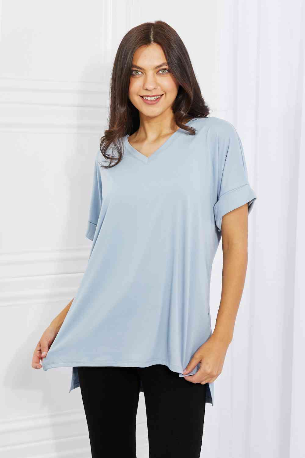 Rolled Short Sleeve Side Slit Hi-Low Hem Top