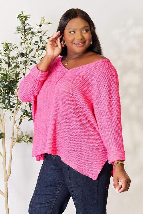 3/4 Sleeve V-Neck Hi-Low Hem Jacquard Sweater