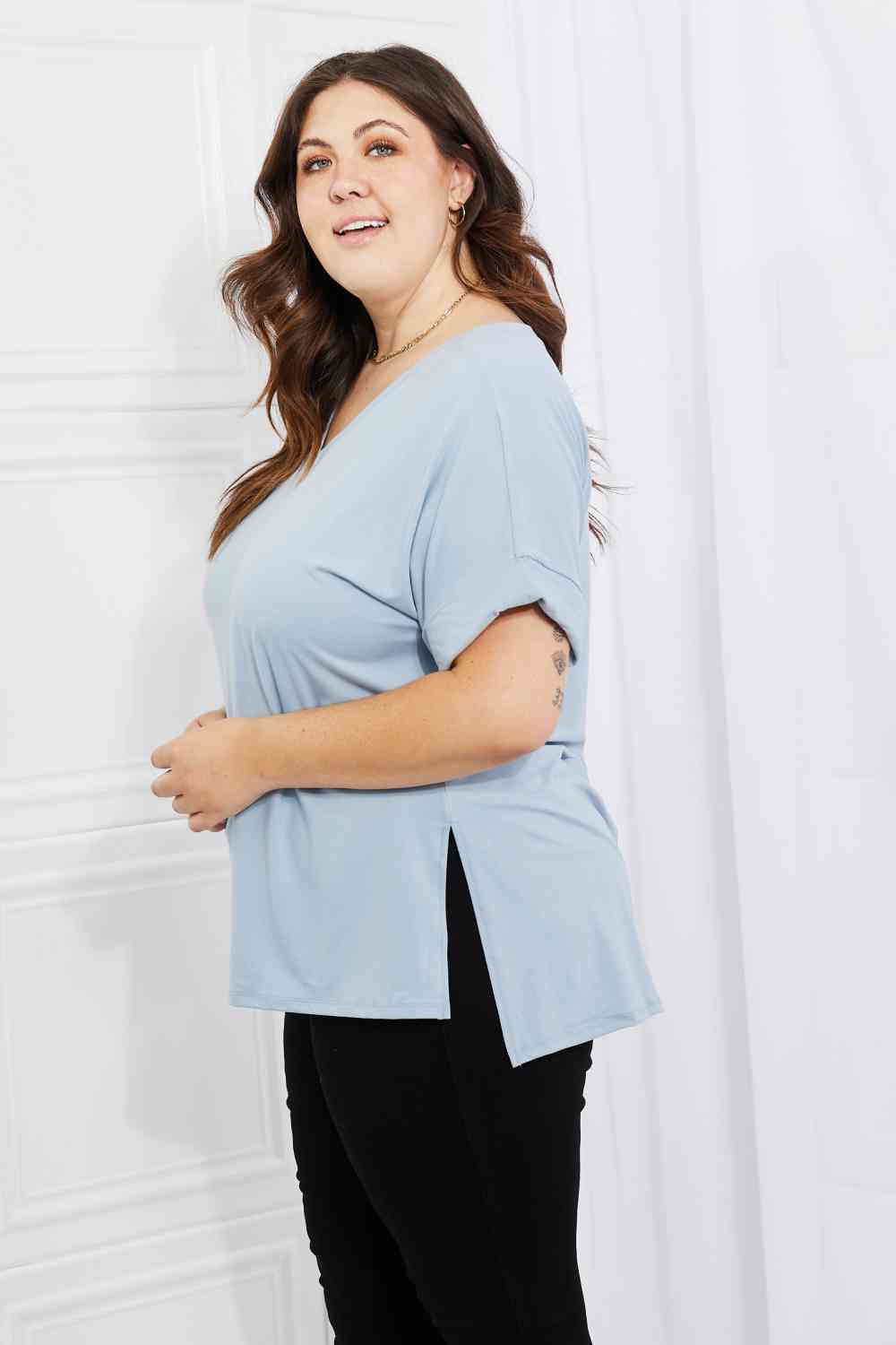 Rolled Short Sleeve Side Slit Hi-Low Hem Top