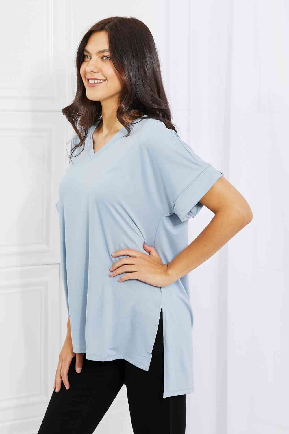 Rolled Short Sleeve Side Slit Hi-Low Hem Top