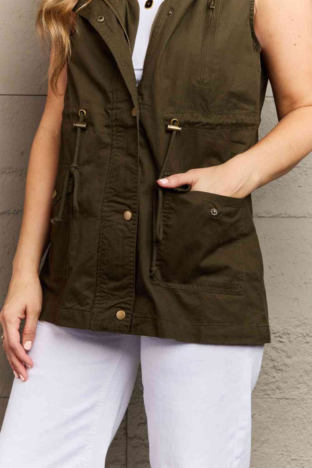 Drawstring Waist Military Hoodie Vest