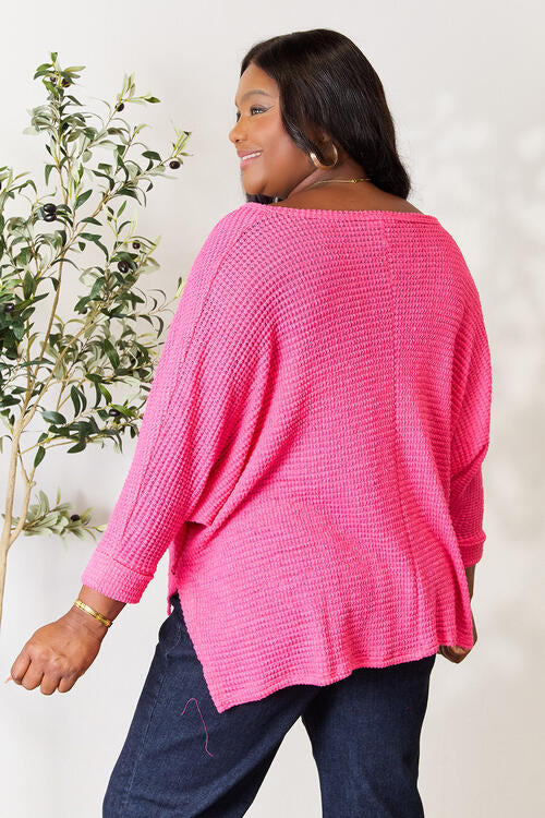 3/4 Sleeve V-Neck Hi-Low Hem Jacquard Sweater