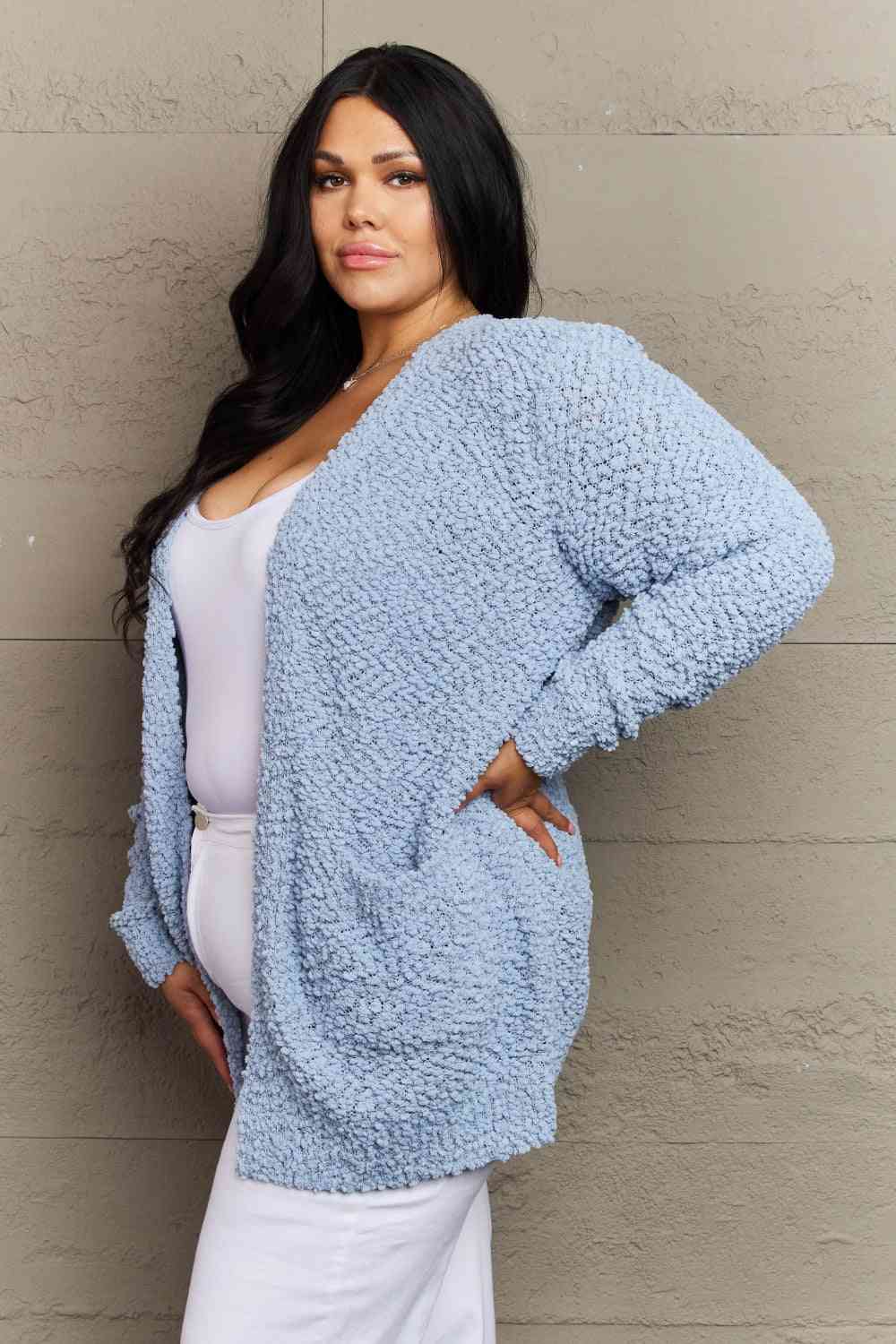 Long Sleeve Popcorn Sweater Cardigan With Pockets